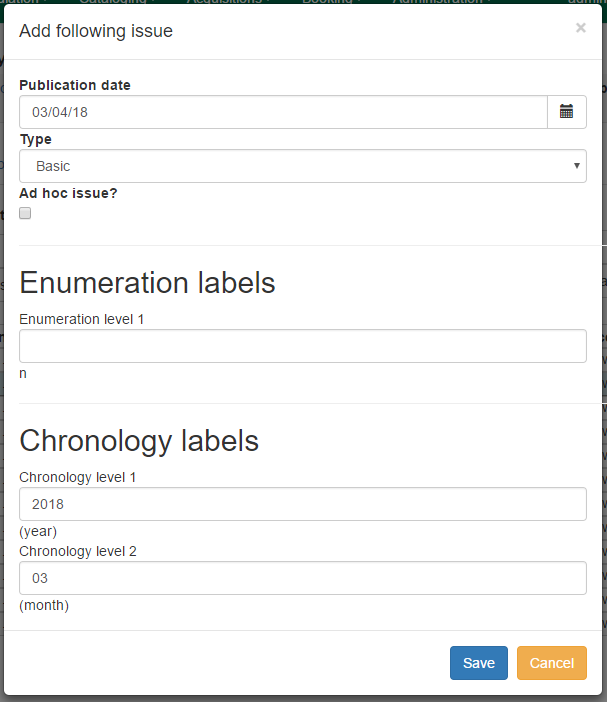 Publication Date and Type are in the top section of the dialog box. These are followed by sections for Enumeration Labels and Chronology Labels.