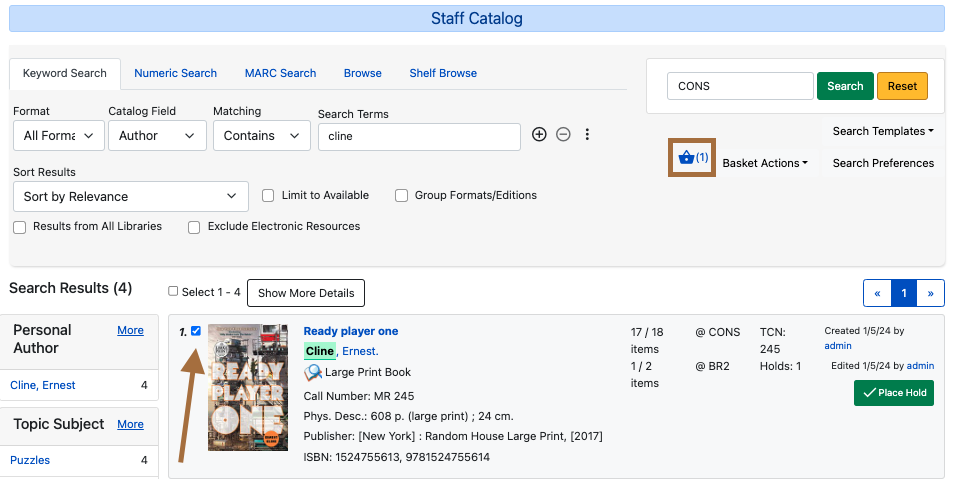 Screenshot of the Staff Catalog page with the box checked as described above. The Basket Actions button is highlighted.