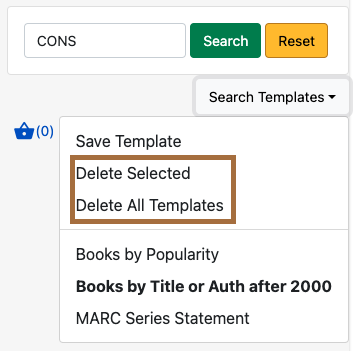 Search Templates menu with Delete Selected and Delete All Templates highlighted
