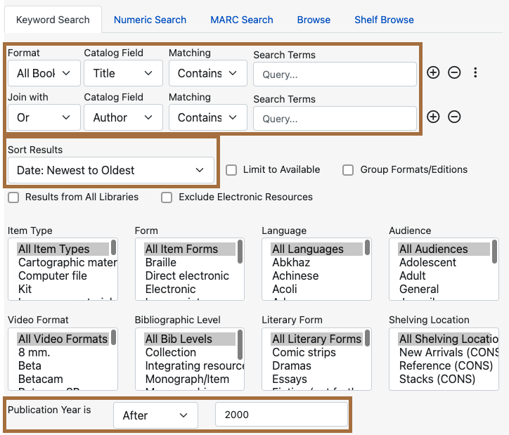The Keyword Search pane containing two search rows with the following fields highlighted