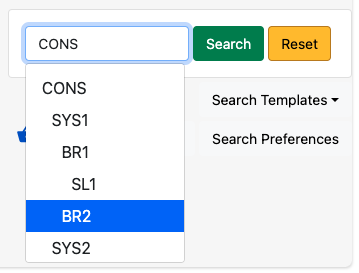 The Library Selector dropdown menu with BR2 highlighted.